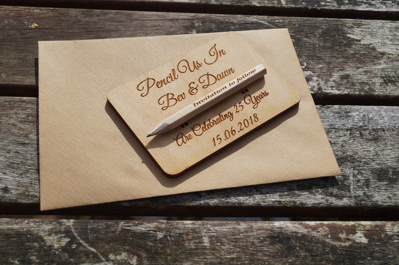 Wooden Save The Date cards, save the date, wooden wedding stationery, bespoke wedding, pencil us in, wedding invitations, wooden invitation image 3