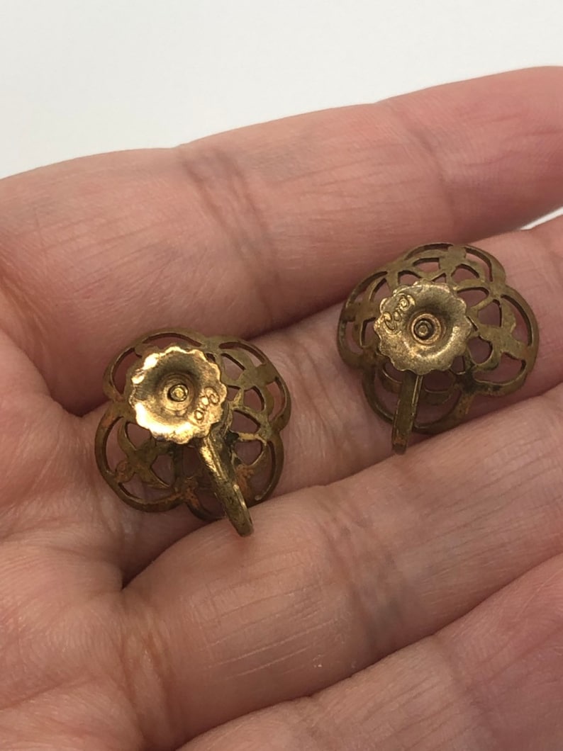 Vintage Coro Screwback Earrings Blue Rhinestone Gold Tone Flower Shape