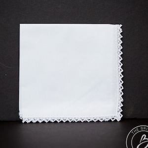 White handkerchief, 2pc wedding hankie with lace, cotton handkerchief, simple hankie with lace on edges, mother or father wedding hankie