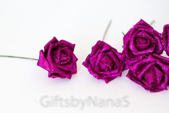 Hot Pink Glitter Roses, Fuchsia Foam Roses, Silk Flowers, Pink