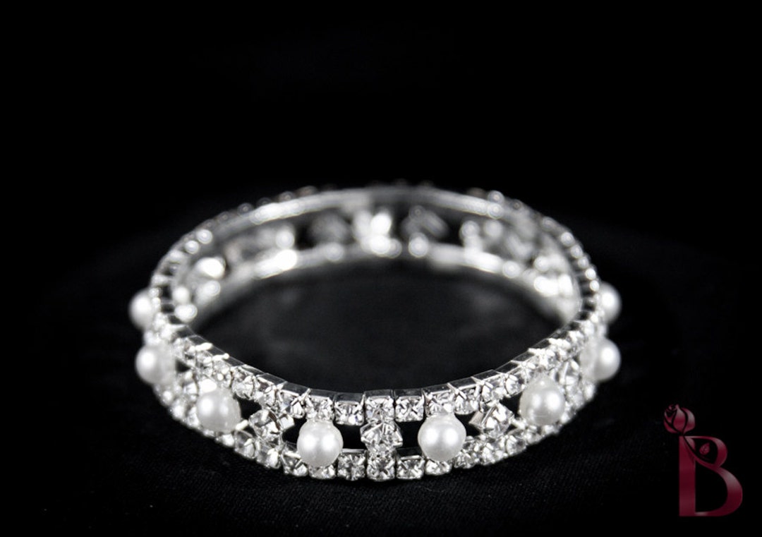 Pearl and Rhinestone Elastic Bracelet With Rows of Faux Pearls Etsy