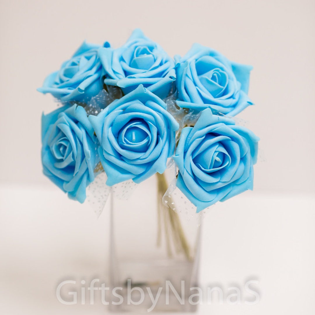 Blue Foam Roses, 6pc Sky Blue Roses, Bulk Silk Flowers, Cheap Silk