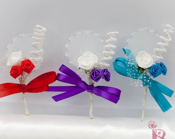Mini boutonniere for prom or wedding guest small buttonhole turquoise purple or red craft flowers