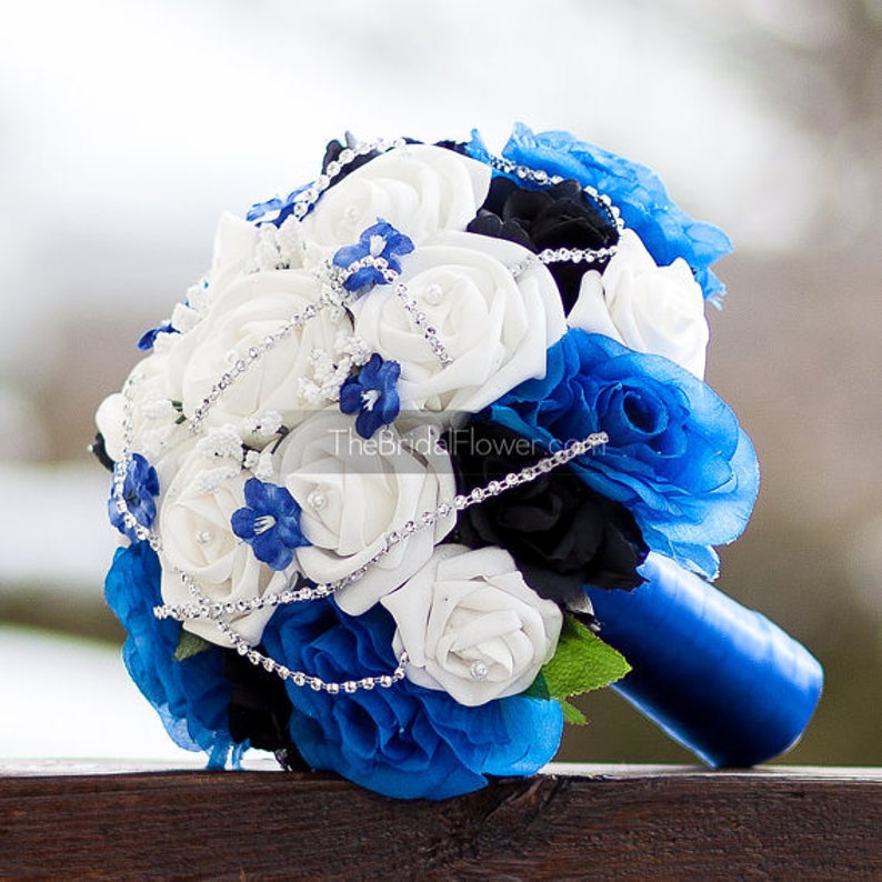 Royal blue silver and black wedding bridal bouquet with