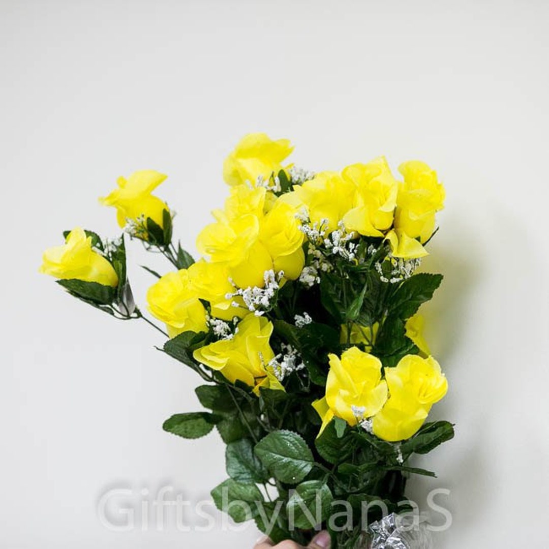 Yellow Silk Flowers, 24pc Yellow Roses, Large Silk Roses, Canary Yellow Rosebud, Silk Flowers