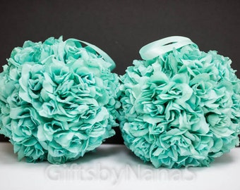 Pool blue flower ball, aqua flower girl ball, kissing ball, wedding decor, turquoise silk flower ball, teal flower ball, turquoise pomander