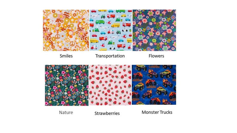 May include: A collection of fabric swatches with various patterns. Designs include floral, transportation vehicles, strawberries, and monster trucks. The swatches are labeled with the pattern names: Smiles, Transportation, Flowers, Nature, Strawberries, and Monster Trucks.