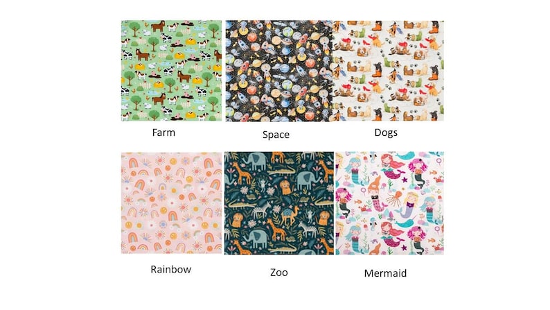 May include: A collection of fabric swatches with various patterns. Designs include a farm scene with animals, a space theme with planets, dogs, rainbows, zoo animals, and mermaids. Each swatch is labeled with its theme.