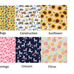 May include: A collection of fabric patterns featuring various designs. The patterns include bugs, construction vehicles, sunflowers, flamingos, unicorns, and citrus fruits. Each pattern is labeled with its corresponding theme.