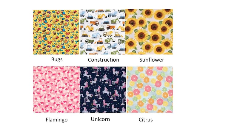 May include: A collection of fabric patterns featuring various designs. The patterns include bugs, construction vehicles, sunflowers, flamingos, unicorns, and citrus fruits. Each pattern is labeled with its corresponding theme.