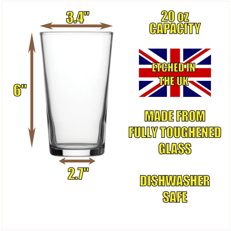 Puede incluir: Un vaso de vidrio transparente con capacidad de 20 onzas, 6 pulgadas de alto, 3,4 pulgadas de ancho en la parte superior y 2,7 pulgadas de ancho en la base. El vaso es apto para lavavajillas y est&aacute; hecho de vidrio totalmente templado. El vaso est&aacute; grabado con "Grabado en el Reino Unido".