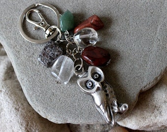 Gemstone Chakra Keychain, Silver Chunky Owl Keychain, Owl Bag Charm, Woman Gemstone Purse Charm, Crystal Keychain for Her, Girlfriend Gift