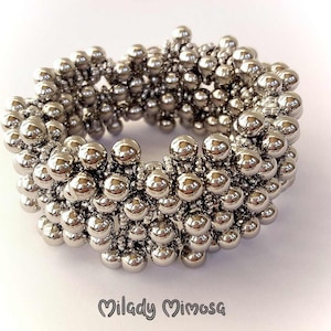 Silver Bubble Cluster Bracelet, Multistrand Metallic Shine Cuff, Woman Chunky Beaded Wrap Bracelet, Statement Jewelry Birthday Gift for Her