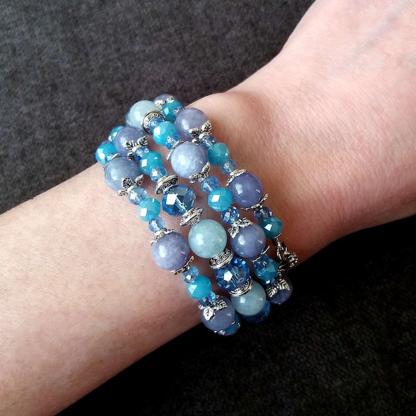 Aquamarine Cuff Bracelet, Angelite Aquamarine & Sodalite Jewelry, March Birthstone, Blue Multistrand Gemstone Bracelet, Woman Birthday Gift