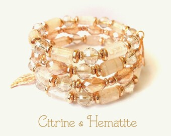 Citrienkristal manchet, november geboortesteen armband, edelsteen vrouw sieraden, meerstrengige wikkelarmband, chakra-healing sieraden, cadeau voor haar