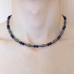 Men&#39;s Lapis Lazuli and Hematite Choker, Hematite and Lapis Jewelry for Men, Unisex Lapis Lazuli and Hematite Necklace, Birthstone Jewelry