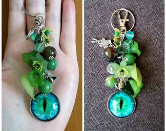 Green Gemstone Keychain, Cat's Eye Bag Charm, Woman Floral Bag Charm, Agate Keychain, Girl Gemstone Purse Charm, Daughter Teen Girl Gift