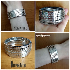 Silver Hematite Electro Rave Party Cuff Bracelet, Metallic Cyberpunk Disco Aesthetic Jewelry, Futuristic Sci Fi Edgy Tech Fashion Outfit