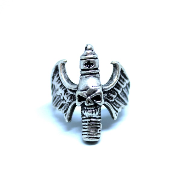 Men's Silver Scull Ring, Heavy Metal Ring, Rocker Ring, Punk Rock Ring, Adjustable Mens Ring, Gothic Ring, Wings Ring, Men Rock Ring,