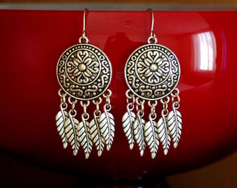 Dangle Bohemian Earrings, Silver Feather Hippie Earrings, Boho Ethnic Tribal Earrings, Afghan Kuchi Banjara Jewelry, Long Chandelier Earring