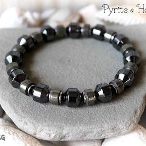 Pyrite and Hematite Bracelet, Men&#39;s Hematite Jewelry, Pyrite Jewelry for Men, Chakra Balancing Energy Bracelet, Metallic Shine Bracelet