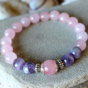 10mm Rose Quartz and Amethyst Bracelet, Heart Chakra Healing Balncing Jewelry, Woman Birthstone Energy Bracelet, Girlfriend Birthday Gift
