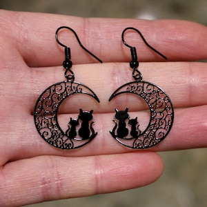 Cats and Moon Earrings, Black Cat Earrings, Cat Lover Earrings, Black Moon Earrings, Animal Earrings, Gothic Earrings, Cat and Moon Jewelry