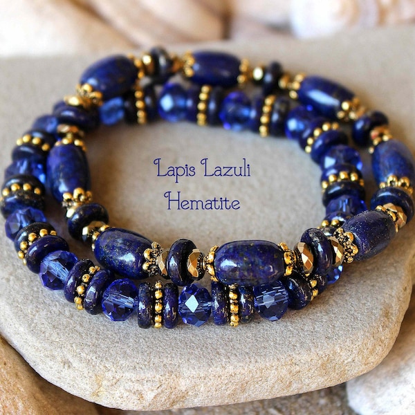 Lapis Lazuli Bracelet Set, Woman Lapis Blue Bead Jewelry, Set of 2 Lapis and Hemaite Bracelets, September Birthstone Chakra Healing Jewelry