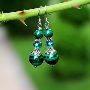 Genuine Malachite Earrings, Natural Malachite Jewelry, Emerald Green Bead Earrings, Green Dangle Gemstone Earrings, Malachite and Silver