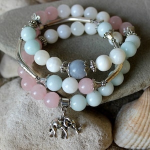 Rose Quartz, Aquamarine, Agate Bracelet Set, Gemstone Stacking Bracelets, Woman Yoga Stack, Bohemian Stack, Elephant Bracelet, Gift for Her