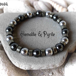 Hematite and Pyrite Bracelet, Unisex Hematite Jewelry, Men Gemstone Bead Stretch Bracelet, Chakra Healing Energy Jewelry, Men Birthday Gift