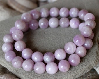 10mm Genuine Kunzite Bracelet, Lavender Kunzite Jewelry, Lilac Gemstone Bead Bracelet, Birthstone Energy Chakra Healing Balancing Bracelet