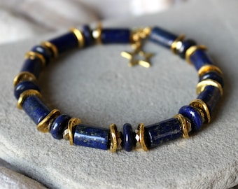 Lapis Lazuli Bracelet, Unisex Lapis Lazuli Jewelry, Blue Gemstone Bead Bracelet, Lapis and Gold Hematite Bracelet, Woman Birthstone Jewelry
