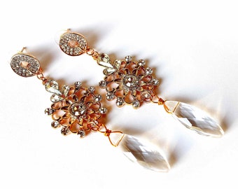 Victorian Crystal Chandelier Earrings, Rhinestone Bridal Earrings, Rose Gold Dangle Stud Earrings, Luxury Wedding Earrings, Royal Jewelry