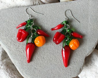 Lampwork Vegetable Earrings, Murano Glass Jewelry, Red Pepper Earrings, Cute Vegan Food Earrings, Pumpkin Bead Earrings, Woman Birthday Gift