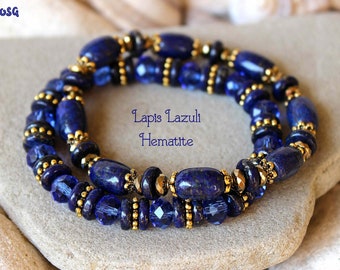 Lapis Lazuli Bracelet Set, Woman Lapis Blue Bead Jewelry, Set of 2 Lapis and Hemaite Bracelets, September Birthstone Chakra Healing Jewelry