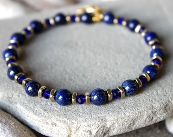 Lapis Lazuli & Pyrite Hematite Bracelet, September Birthstone Jewelry, Royal Blue Lapis Lazuli Jewelry, Blue Gemstone Bead Crystal Bracelet