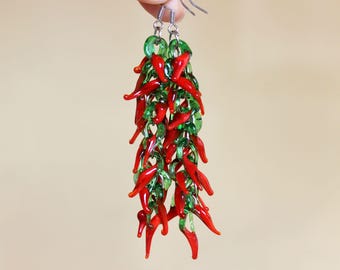 Red Hot Chili Peppers Earrings, Lampwork Glass Earrings for Her, Cute Vegetable Earrings, Vegetable Glass Food Jewelry, Red Peppers Jewelry