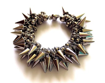 Silver Spike Bracelet, Punk Rock Spiky Bracelet, Gothic Spiked Bracelet, Woman Gothic Grunge Jewelry, Edgy Thorn Rocker Bracelet, Woman Gift