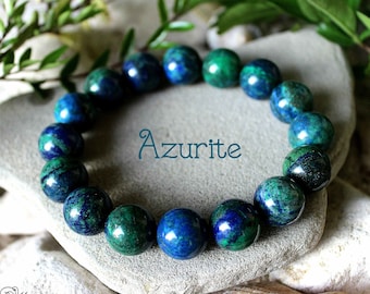 Pulsera de malaquita y azurita de 11/12 mm, pulsera de energía curativa de chakras, joyería de azurita natural, pulsera de cuentas de piedras preciosas azul verdosas