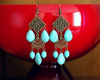 Pendientes Turquesa, Pendientes Boho Turquesa, Pendientes Boho Bronce, Pendientes Bronce Azul, Pendientes Étnicos, Pendientes Gitanos, Pendientes Kuchi