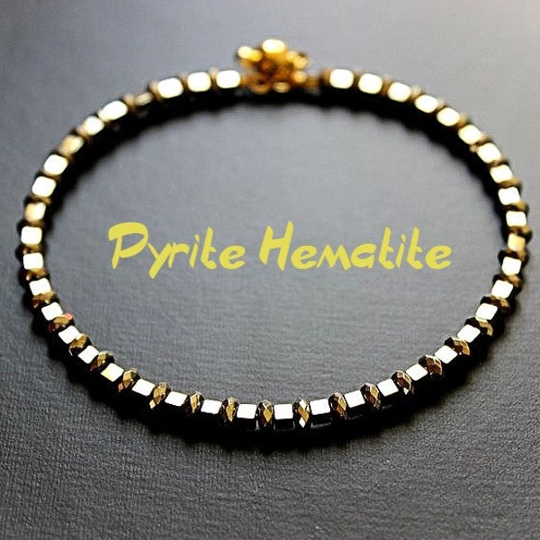 Pyrite Hematite Bracelet, Dainty Hematite Jewelry, Delicate Gold Bead Bracelet, Gemstone Metallic Gold Bangle, Woman Chakra Healing Bracelet