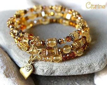 Citrine Multistrand Bracelet, Woman Citrine Jewelry, November Birthstone Jewelry, Citrine Cuff, Citrine and Gold Chakra Healing Bracelet