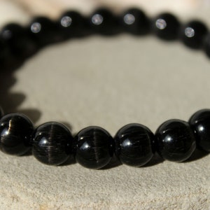 9mm Black Cat&#39;s Eye Bracelet, Unisex Cat&#39;s Eye Jewelry, Black Gemstone Bead Stretch Bracelet, Birthstone Chakra Energy Bracelet, Men&#39;s Gift