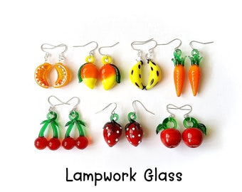 Lampwork Glass Earrings, Murano Pendant Earrings, Fruit and Vegetable Earrings, Cute Glass Earrings, Vegetable Jewelry, Food Fruit Jewelry