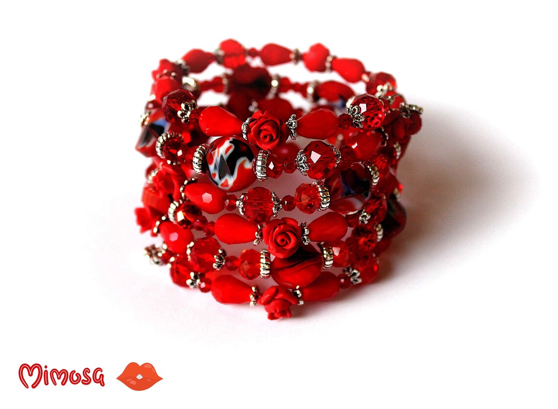 Red Rose Bracelet Red Cuff Bracelet Red Flower Bracelet Red Etsy