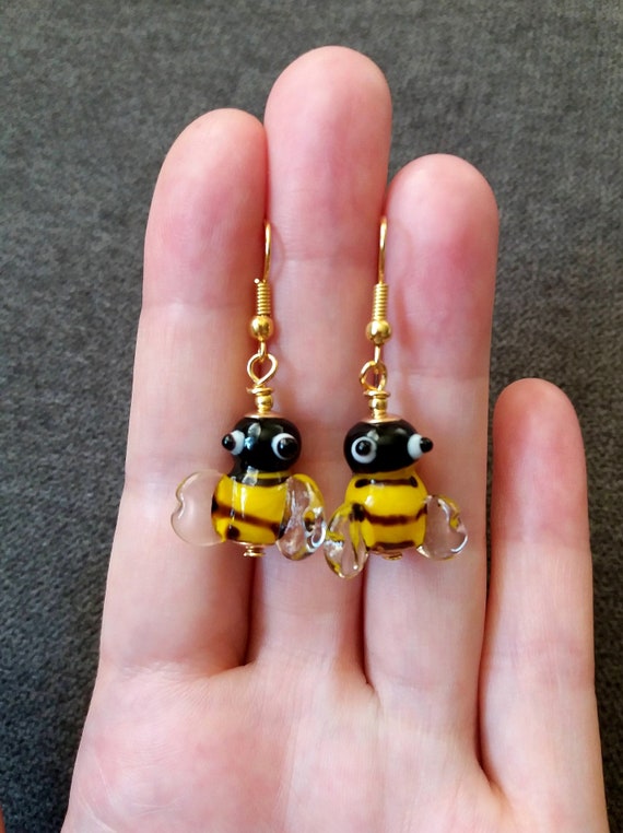 Glass Bee Earrings, Bees Earrings, Lampwork Glass Earrings, Murano Earrings, Glass Bead Earrings, Animal Glass Earrings, Lampwork Jewelry
