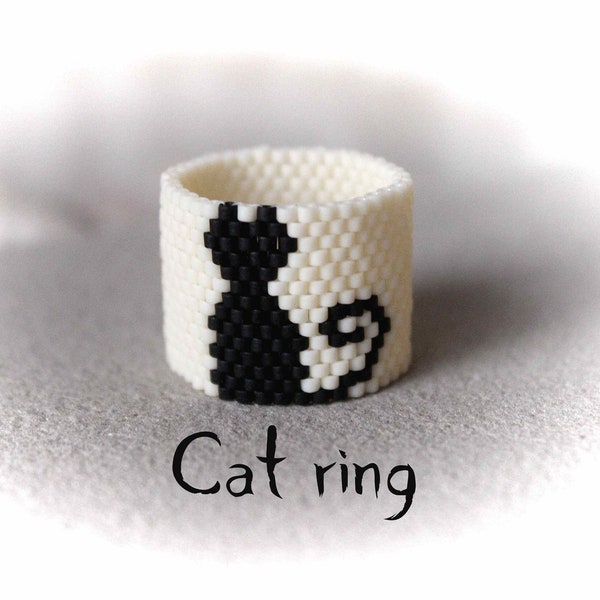 Anneau de chat, anneau de chat noir, anneau perlé, anneau de déclaration, anneau d'amant de chat, anneau de Boho, cadeau d'amant de chat, anneau blanc noir, bijoux de chat noir