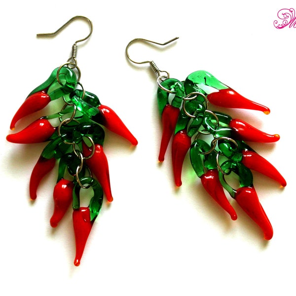 Boucles d'oreilles en verre piment rouge, Boucles d'oreilles au chalumeau, Piments rouges, Boucles d'oreilles légumes mignons, Bijoux nourriture végétale, Cadeau d'anniversaire pour femme