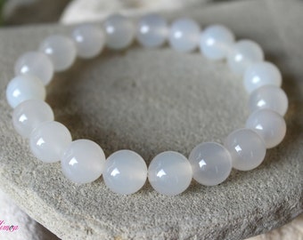 Pulsera de ágata blanca, pulsera de piedras preciosas blancas, pulsera de cuentas blancas, pulsera nupcial, joyería de ágata blanca, pulsera de piedra de nacimiento